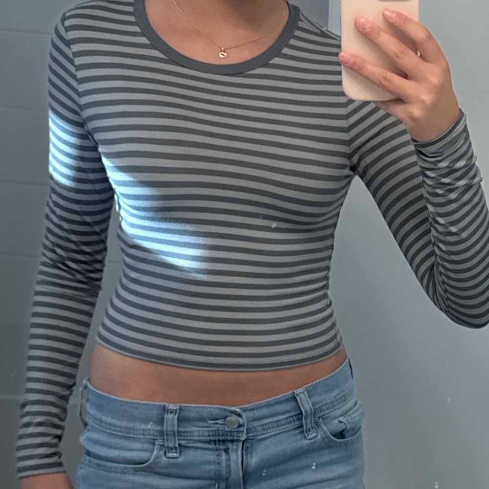 Hollister Gray Fitted Crop Long Sleeve Tee